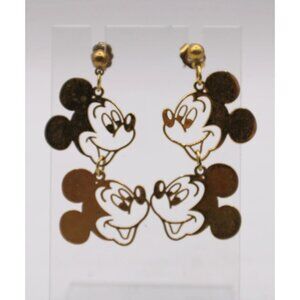 Vintage Gold Tone Mickey Mouse Dangling Earrings Thin Pierced Ears Jewelry
